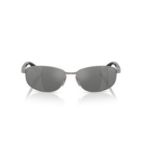 Gunmetal wraparound sunglasses with mirrored silver lenses and slim metal frame, front-facing view on white background