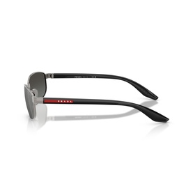 Prada Linea Rossa sunglasses in gunmetal with black temples, red logo detail, and slim metal bridge, side profile view.