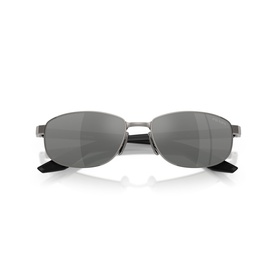 Gunmetal oval-frame sunglasses with mirrored silver lenses and black temple tips, front-facing view