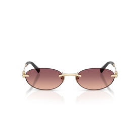 Rimless oval sunglasses with gold metal frame and gradient pink-to-brown lenses, black temple tips, front-facing view