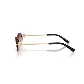 Gold-tone metal frame sunglasses with dark burgundy lenses and black temple tips, side profile view