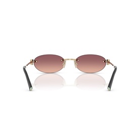 Rimless oval sunglasses with gold metal frame, floral temple detail, and gradient pink-to-purple lenses, shown from rear angle