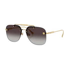 Versace aviator sunglasses with gold metal frame, Medusa stud detail, and gradient grey rimless lenses