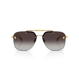 Versace rimless aviator sunglasses with gold metal frame, double bridge, and gradient grey lenses, front view
