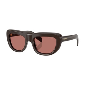Prada brown chunky square-frame sunglasses with pink-tinted lenses and gold logo detail on temples