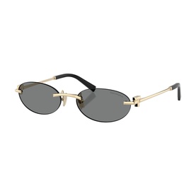 Oval rimless sunglasses with gold metal frame, black temples, and dark grey lenses