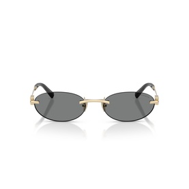 Oval rimless sunglasses with gold-tone metal frame, black temple tips, and dark grey lenses, shot front-on