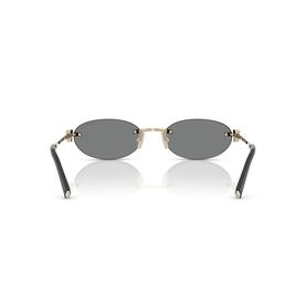 Rimless oval sunglasses with gold metal frame, dark grey lenses, and black temple arms, rear view showing hinge detail