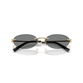 Oval sunglasses with gold metal frame, dark grey lenses, and black temple tips, shown folded on white background