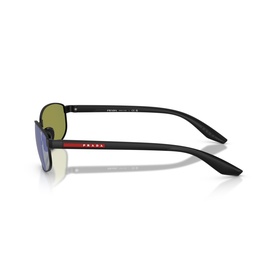 Prada Linea Rossa sunglasses in black metal frame with blue mirrored lenses and red accent detail on temple