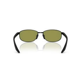 Black wrap-style sunglasses, rear view showing green-tinted lenses and matte black frame with curved temples