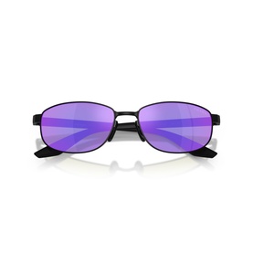 Black oval metal-frame sunglasses with purple mirrored lenses and slim temples, front-facing view on white background