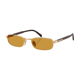 Gold-tone rectangular metal sunglasses with amber lenses and tortoiseshell temple tips, shown at three-quarter angle