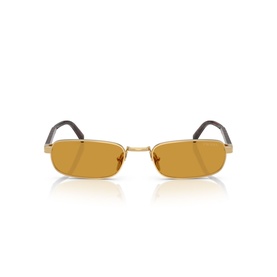 Rectangular sunglasses with slim gold metal frame, amber lenses, and dark tortoiseshell temples, front-facing view
