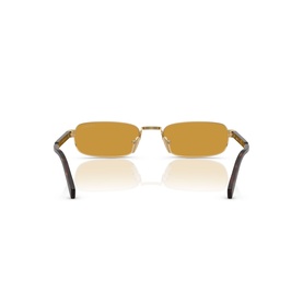 Sunglasses with gold metal frame, brown tortoiseshell temples, and amber-tinted rectangular lenses, rear view