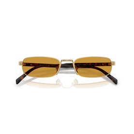 Rectangular sunglasses with gold metal frames, tortoiseshell temples, and amber-tinted lenses, shown folded from front angle