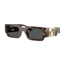 Versace rectangular sunglasses in dark tortoiseshell with dark grey lenses and gold Greek key temple detail