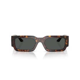 Rectangular tortoiseshell sunglasses with dark grey lenses and chunky acetate frames, front-facing view