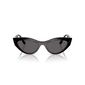 Black cat-eye sunglasses with dark grey lenses and high-gloss frame, slim temples visible at sides