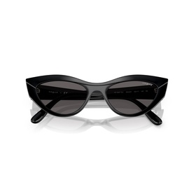 Black cat-eye sunglasses with dark grey lenses and polished black acetate frames, shown flat against white background