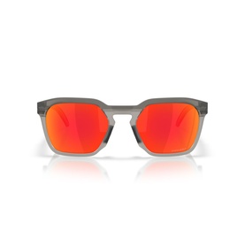 Oakley square-frame sunglasses in grey with red mirrored lenses, front-facing view