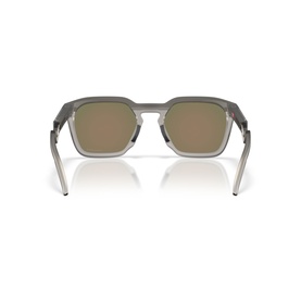 Oakley square sunglasses, grey transparent frame, rear view showing mirror lenses and temple arms