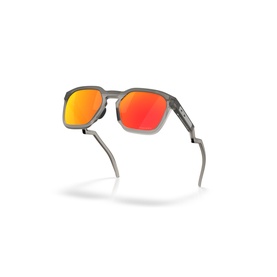 Grey translucent square-frame sunglasses with red mirrored lenses, shown at an angle on a white background