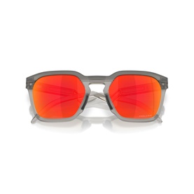 Oakley square sunglasses with grey matte frame and red mirrored lenses, front-facing view