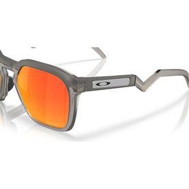 Oakley sunglasses with matte grey translucent square frames, orange mirrored lenses, and silver Oakley logo on temple