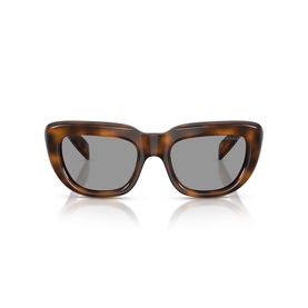 Prada brown tortoiseshell square sunglasses with chunky frames and grey tinted lenses, front view