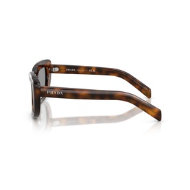 Prada sunglasses in tortoiseshell brown, side profile view showing temple arm with embossed logo and brown lens.