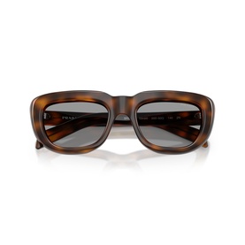 Prada sunglasses in brown tortoiseshell acetate with chunky square frames and dark grey lenses, folded flat