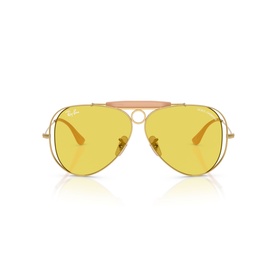 Ray-Ban aviator sunglasses in gold with yellow tinted lenses and tan leather brow bar detail, front view