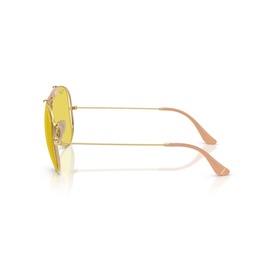 Ray-Ban hexagonal sunglasses with yellow lenses, gold metal frame, and peach-tipped slim temples, side view