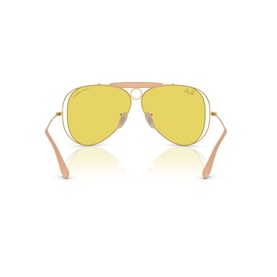 Ray-Ban aviator sunglasses, rear view, gold metal frame with yellow tinted lenses and nude temple tips