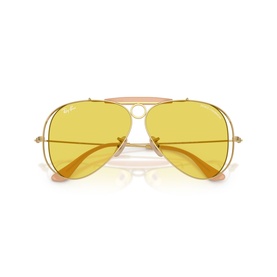 Ray-Ban aviator sunglasses with gold metal frame, yellow tinted lenses, and brow bar detail, front-facing view