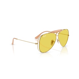 Ray-Ban aviator sunglasses with gold frames, pale pink leather brow bar, and yellow tinted lenses, angled three-quarter view