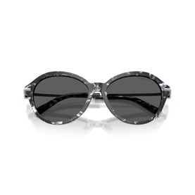 Round sunglasses with black and grey tortoiseshell patterned frames and dark grey lenses, silver-tone hardware detailing