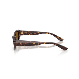 Vogue brown tortoiseshell sunglasses, side profile view showing temple arm with gold Vogue branding and amber lenses