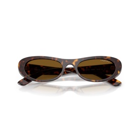 Vogue sunglasses in brown tortoiseshell acetate with oval lenses and slim temples, folded flat view