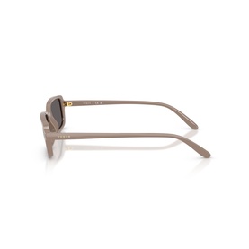 Vogue beige sunglasses side profile view, slim temples with gold-tone hardware detail, grey-tinted lenses