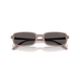 Vogue beige rectangular sunglasses with dark grey lenses and matte finish, shown folded from front angle