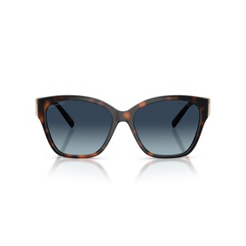 Tortoiseshell cat-eye sunglasses with blue gradient lenses and dark acetate temples, front-facing view on white background