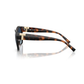Tortoiseshell cat-eye sunglasses with gold-tone T-bar temple detail and dark tinted lenses, side profile view