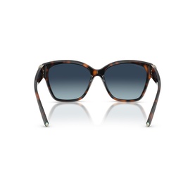 Tortoiseshell cat-eye sunglasses with blue gradient lenses, rear three-quarter view showing temple arms and hinge detail