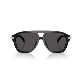 Black aviator sunglasses with dark grey lenses, gold-tone temple hardware, and a double bridge bar