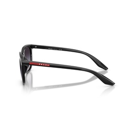 Prada Linea Rossa sunglasses in black with red logo detail on temple, shown from side angle revealing frame depth