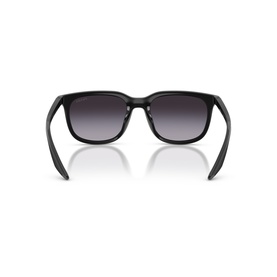 Black square-frame sunglasses, rear view, showing gradient grey lenses and matte black temples