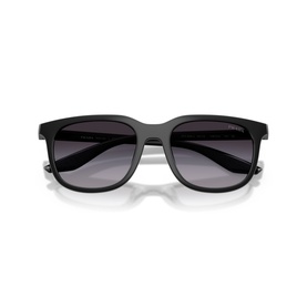Black square-frame sunglasses with dark gradient lenses and glossy black temples, front-facing flat lay view