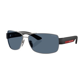 Prada Linea Rossa grey sunglasses with silver metal rectangular frames, black arms with red detail and blue-tinted lenses